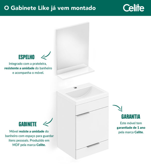 KIT GABINETE LIKE 1 PORTA E 1 GAVETA 41X34 COM ESPELHO